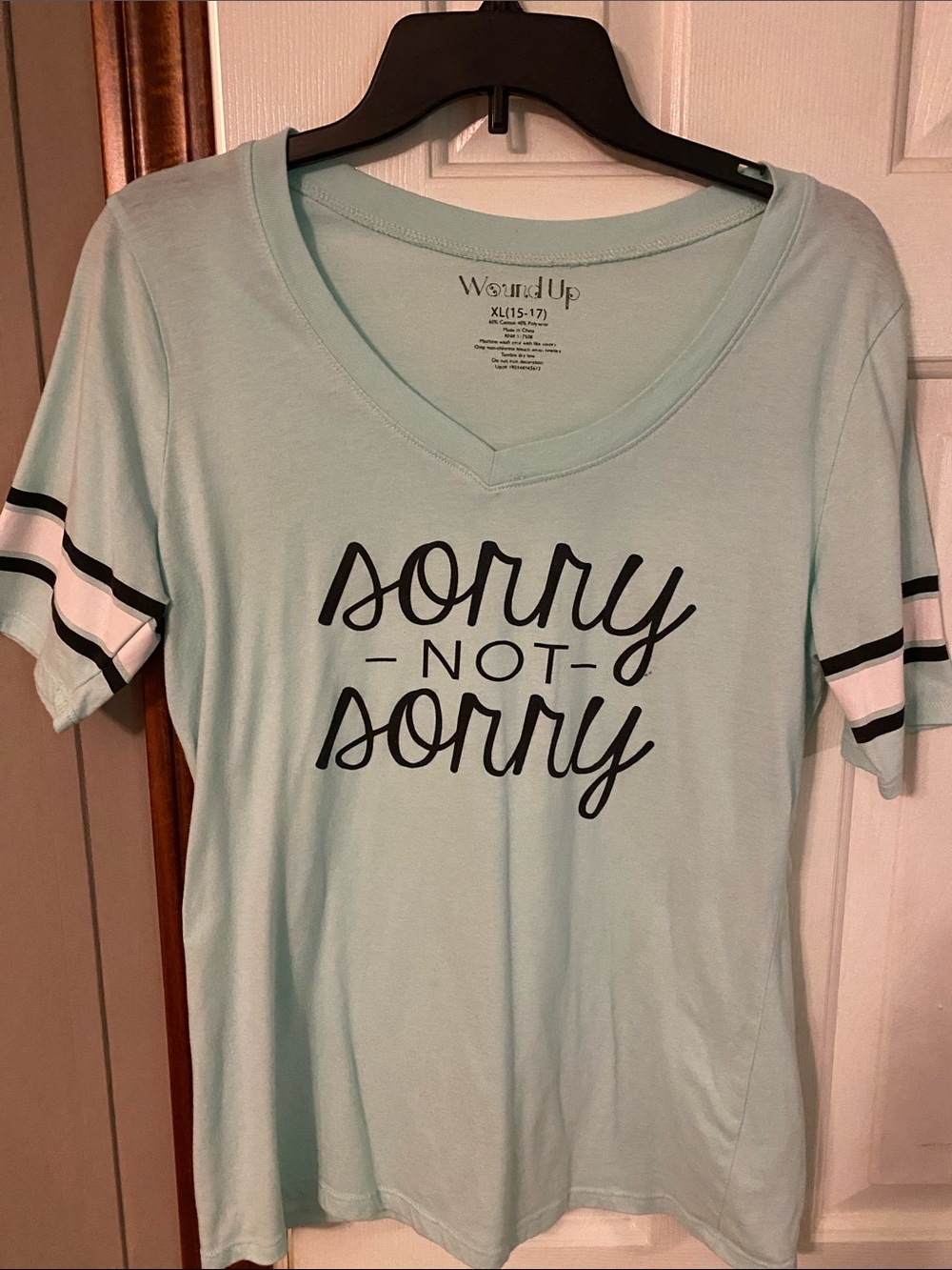 Wound Up Mint V-Neck 'Sorry Not Sorry' Tee with Black Script and Stripe Sleeves